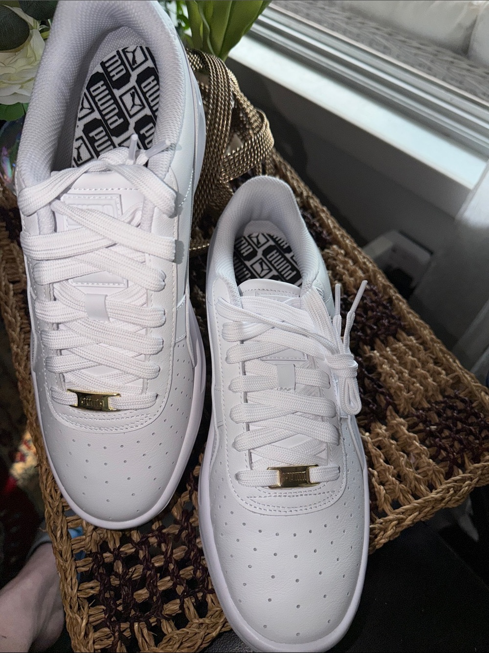 Puma White Low-Top Sneakers with Gold Lace Accents - Picture 3 of 9